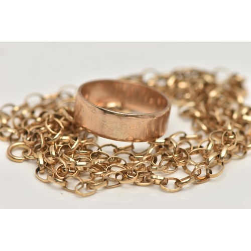 19 - A 9CT GOLD POLISHED BAND RING AND A BELCHER CHAIN, the polished wide band, approximate band width 5.... 