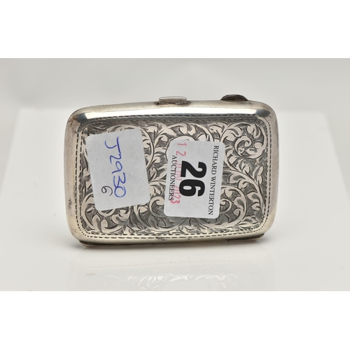 26 - AN EARLY 20TH CENTURY SILVER CIGARETTE CASE, of rectangular outline with central circular vacant car... 