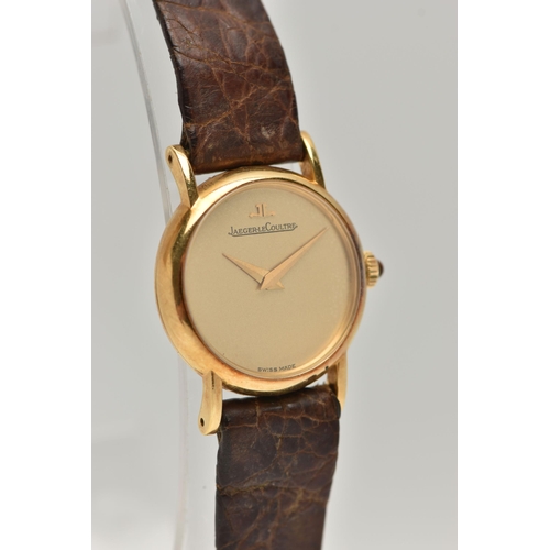 30 - A LADYS 'JAEGER-LE COULTRE' WRISTWATCH, round gold dial signed 'Jaeger-Lecoultre', gold hands, in a ... 