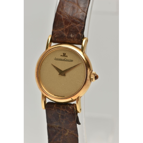 30 - A LADYS 'JAEGER-LE COULTRE' WRISTWATCH, round gold dial signed 'Jaeger-Lecoultre', gold hands, in a ... 