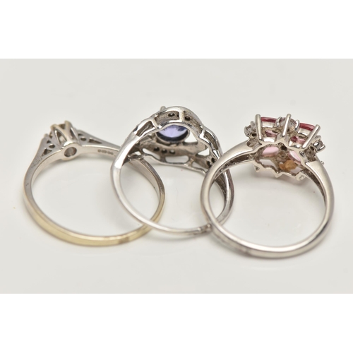 37 - THREE GEM SET RINGS, to include a 9ct white gold single stone diamond ring, round brilliant cut diam... 