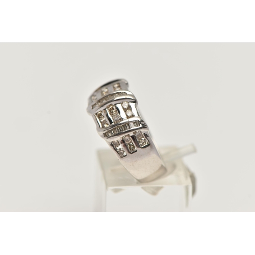 38 - A 9CT WHITE GOLD DIAMOND DRESS RING, designed as three horizontal rows of round brilliant cut diamon... 