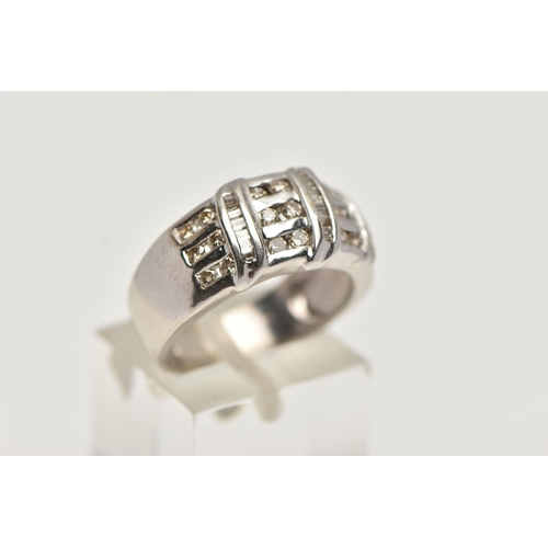 38 - A 9CT WHITE GOLD DIAMOND DRESS RING, designed as three horizontal rows of round brilliant cut diamon... 