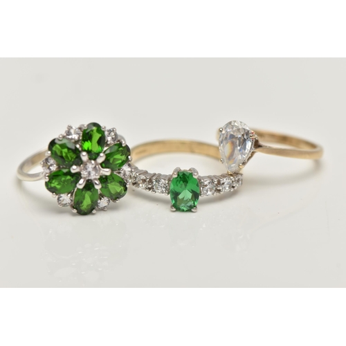 39 - THREE 9CT GOLD GEM SET RINGS, to include a white gold, demantoid garnet and colourless sapphire clus... 