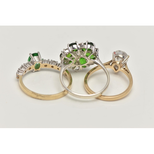 39 - THREE 9CT GOLD GEM SET RINGS, to include a white gold, demantoid garnet and colourless sapphire clus... 