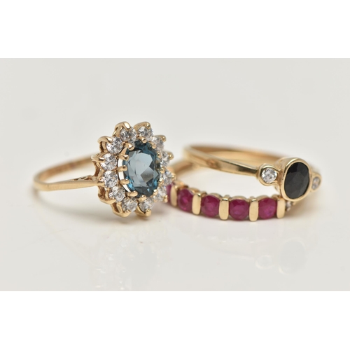 40 - THREE 9CT GOLD GEM SET RINGS, to include a topaz and cubic zirconia cluster ring, hallmarked 9ct Bir... 