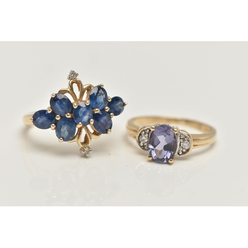 42 - TWO 9CT GOLD GEM SET RINGS, the first a blue sapphire and diamond dress ring, set with six circular ... 