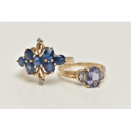 42 - TWO 9CT GOLD GEM SET RINGS, the first a blue sapphire and diamond dress ring, set with six circular ... 