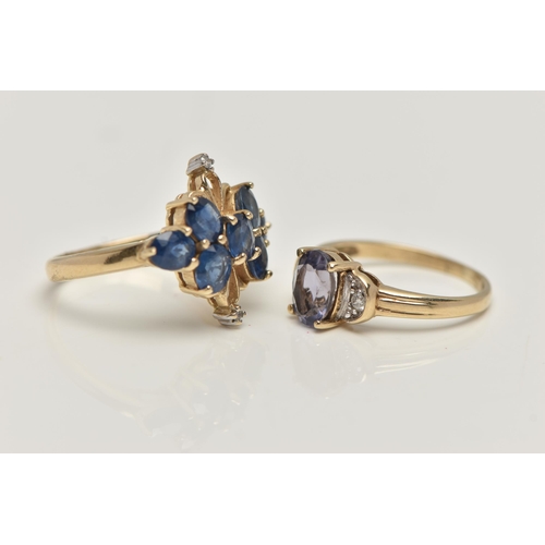 42 - TWO 9CT GOLD GEM SET RINGS, the first a blue sapphire and diamond dress ring, set with six circular ... 