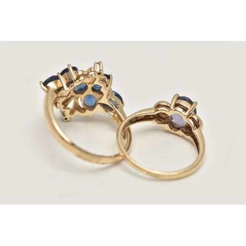 42 - TWO 9CT GOLD GEM SET RINGS, the first a blue sapphire and diamond dress ring, set with six circular ... 