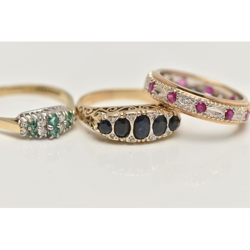 44 - THREE 9CT GOLD GEM SET RINGS, to include a blue sapphire and diamond boat ring, hallmarked 9ct Sheff... 