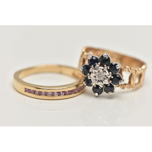 45 - TWO 9CT GOLD GEM SET RINGS, the first a blue sapphire and diamond flower cluster, open work textured... 