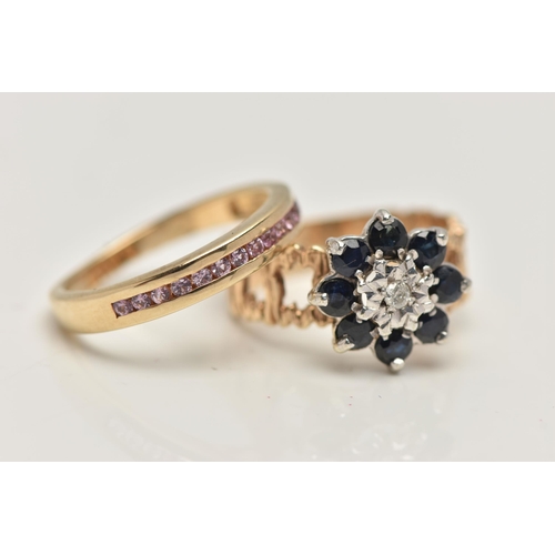 45 - TWO 9CT GOLD GEM SET RINGS, the first a blue sapphire and diamond flower cluster, open work textured... 