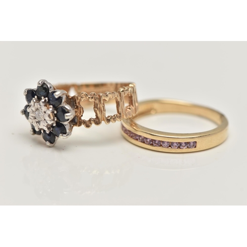 45 - TWO 9CT GOLD GEM SET RINGS, the first a blue sapphire and diamond flower cluster, open work textured... 