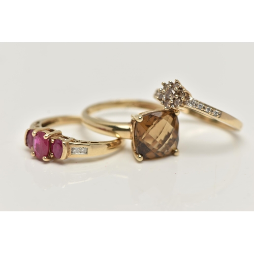 46 - THREE 9CT GOLD GEM SET RINGS, the first a faceted Citrine ring, hallmarked 9ct Birmingham, ring size... 