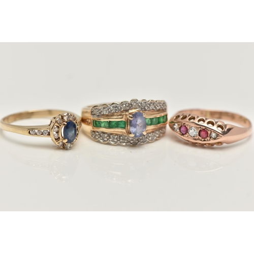 47 - THREE GEM SET RINGS, to include a blue sapphire and diamond cluster ring, hallmarked 9ct Birmingham ... 