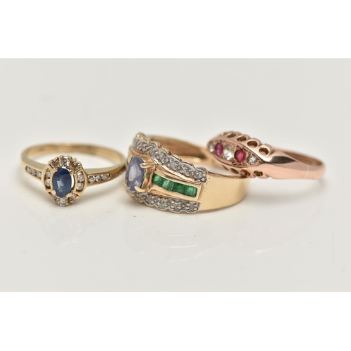 47 - THREE GEM SET RINGS, to include a blue sapphire and diamond cluster ring, hallmarked 9ct Birmingham ... 