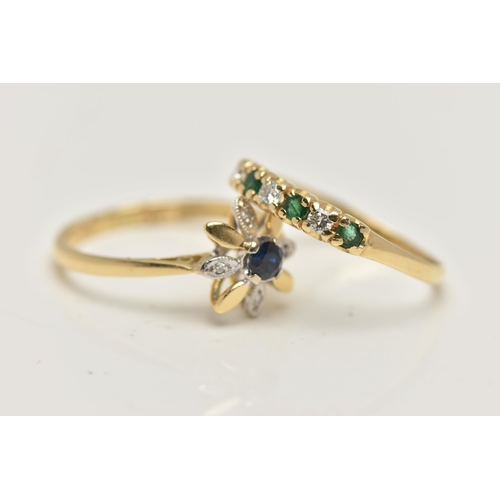 51 - TWO 18CT GOLD GEM SET RINGS, the first a blue sapphire and diamond flower ring, hallmarked 18ct Lond... 