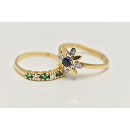 51 - TWO 18CT GOLD GEM SET RINGS, the first a blue sapphire and diamond flower ring, hallmarked 18ct Lond... 