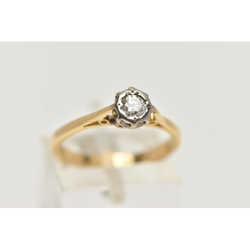 53 - A YELLOW METAL SINGLE STONE DIAMOND RING, round brilliant cut diamond, illusion set, estimated diamo... 