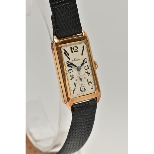 6 - AN EARLY 20TH CENTURY 9CT GOLD MAPPIN WRISTWATCH, the rectangular 9ct gold head with light coloured ... 