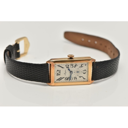 6 - AN EARLY 20TH CENTURY 9CT GOLD MAPPIN WRISTWATCH, the rectangular 9ct gold head with light coloured ... 