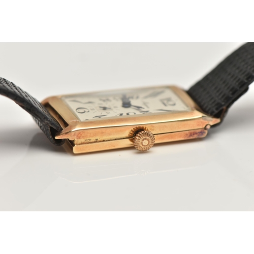 6 - AN EARLY 20TH CENTURY 9CT GOLD MAPPIN WRISTWATCH, the rectangular 9ct gold head with light coloured ... 