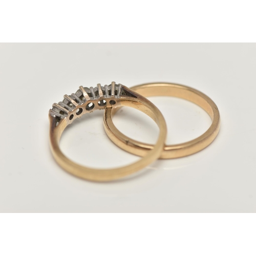 62 - A 9CT GOLD BAND RING AND A FIVE STONE DIAMOND RING, yellow gold plain band ring, approximate width 2... 