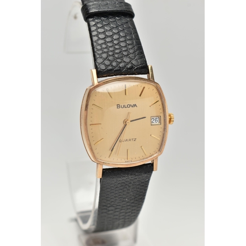 65 - A 9CT GOLD 'BULOVA' WRISTWATCH, quartz movement, square dial signed 'Bulova Quartz', baton markers, ... 