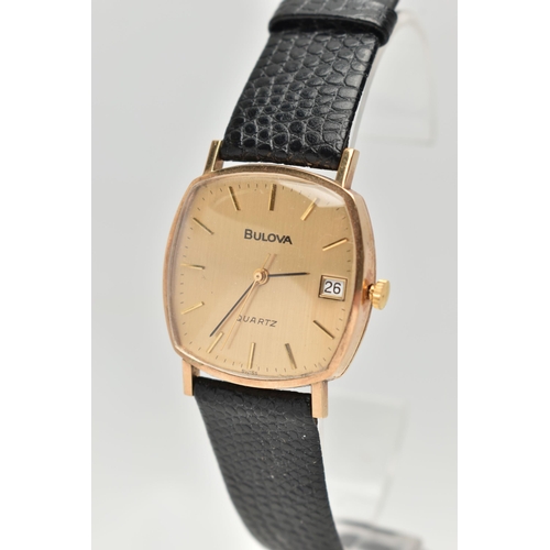 65 - A 9CT GOLD 'BULOVA' WRISTWATCH, quartz movement, square dial signed 'Bulova Quartz', baton markers, ... 