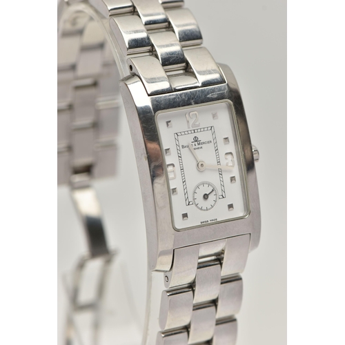 7 - A BAUME & MERCIER STAINLESS STEEL WRISTWATCH, the rectangular head with white face, Arabic numerals ... 