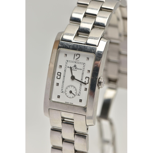 7 - A BAUME & MERCIER STAINLESS STEEL WRISTWATCH, the rectangular head with white face, Arabic numerals ... 