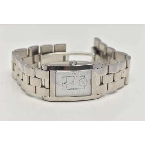 7 - A BAUME & MERCIER STAINLESS STEEL WRISTWATCH, the rectangular head with white face, Arabic numerals ... 