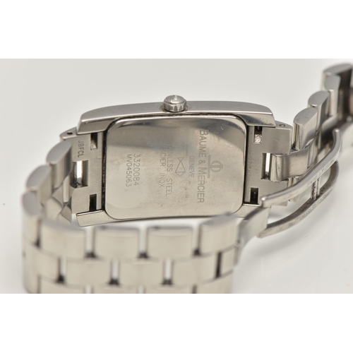 7 - A BAUME & MERCIER STAINLESS STEEL WRISTWATCH, the rectangular head with white face, Arabic numerals ... 