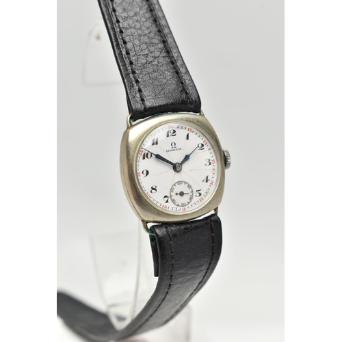 71 - A 1920/30'S HAND-WOUND OMEGA WRISTWATCH, white cracked dial with Arabic numerals, red second 12 hour... 