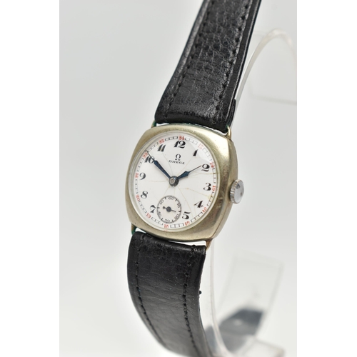 71 - A 1920/30'S HAND-WOUND OMEGA WRISTWATCH, white cracked dial with Arabic numerals, red second 12 hour... 