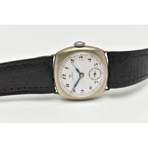 71 - A 1920/30'S HAND-WOUND OMEGA WRISTWATCH, white cracked dial with Arabic numerals, red second 12 hour... 