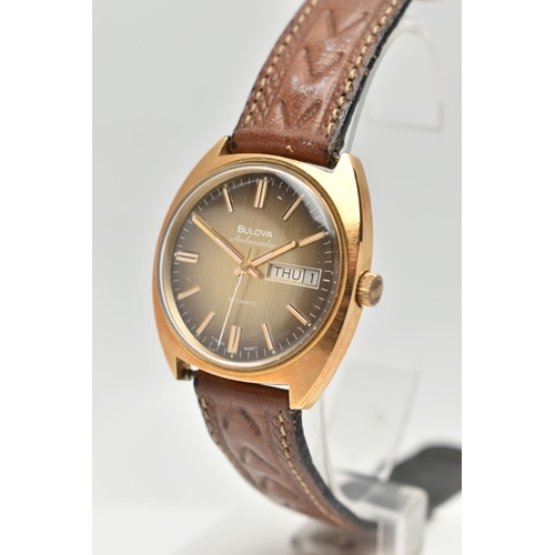 72 - AN AUTOMATIC BULOVA AMBASSADOR, textured ombre dial with gold baton markers, day-date function at th... 