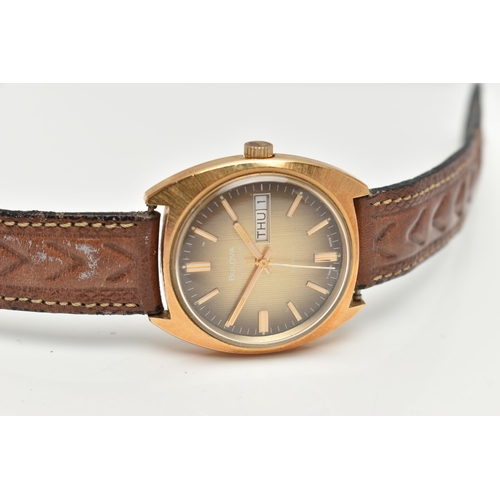 72 - AN AUTOMATIC BULOVA AMBASSADOR, textured ombre dial with gold baton markers, day-date function at th... 