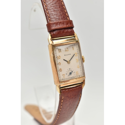 79 - A BULOVA WRISTWATCH, hand wound movement, rectangular dial signed Bulova, Arabic numerals, subsi... 