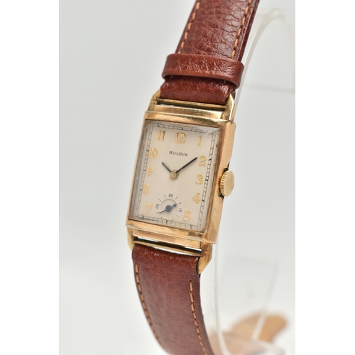 79 - A BULOVA WRISTWATCH, hand wound movement, rectangular dial signed Bulova, Arabic numerals, subsi... 