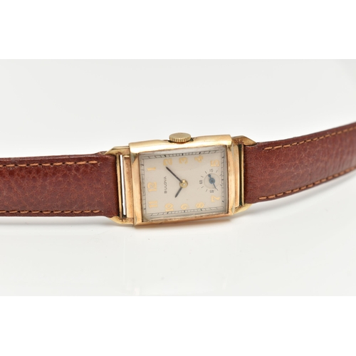 79 - A BULOVA WRISTWATCH, hand wound movement, rectangular dial signed Bulova, Arabic numerals, subsi... 