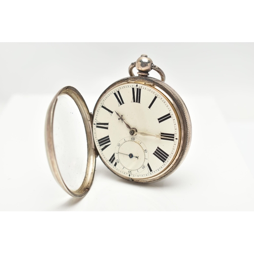 84 - A SILVER OPEN FACE POCKET WATCH, key wound, round white dial, Roman numerals, subsidiary seconds dia... 