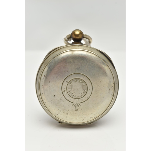 85 - A WHITE METAL OPEN FACE POCKET WATCH, key wound, round white dial signed 'Thos Russell & Son, Liverp... 