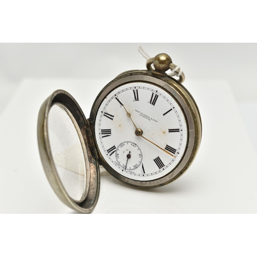 85 - A WHITE METAL OPEN FACE POCKET WATCH, key wound, round white dial signed 'Thos Russell & Son, Liverp... 