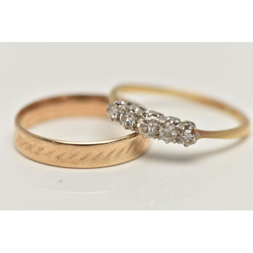 88 - A YELLOW METAL DIAMOND RING AND A BAND RING, five stone graduated diamond ring, estimated total diam... 