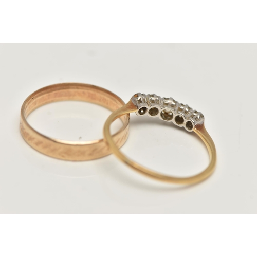 88 - A YELLOW METAL DIAMOND RING AND A BAND RING, five stone graduated diamond ring, estimated total diam... 