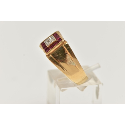 91 - A GENTS YELLOW METAL RUBY AND DIAMOND SIGNET RING, of a square design, to the centre are four small ... 