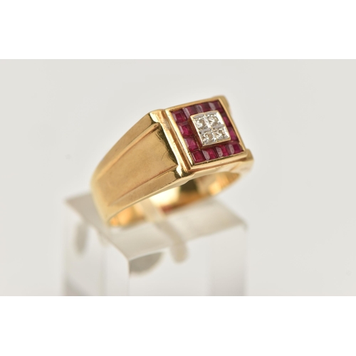 91 - A GENTS YELLOW METAL RUBY AND DIAMOND SIGNET RING, of a square design, to the centre are four small ... 