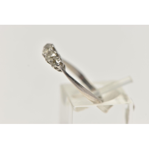 98 - A WHITE METAL FIVE STONE DIAMOND RING, five graduated old cut diamonds, estimated total diamond weig... 